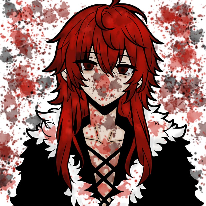 anime guy, long white hair, a red fluffy shirt