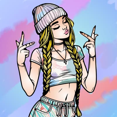 realistic teenage girl with braids and a beanie and crop top doing 🫶🏼
