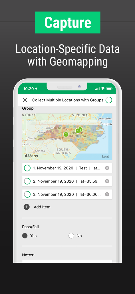 Interfaz de la aplicación Device Magic para capturar datos específicos de ubicación con geomapeo y pines de mapa