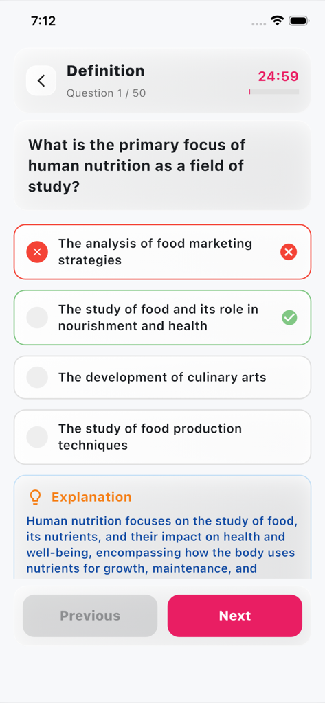 Interaktiver Bildschirm mit Multiple-Choice-Fragen aus der Human Nutrition Health Quiz App