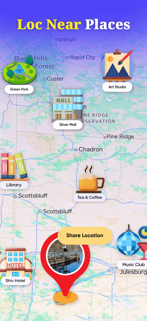 Change Location & Save GPS - Interface of the Change Location app showing nearby points of interest on a map with a share location option