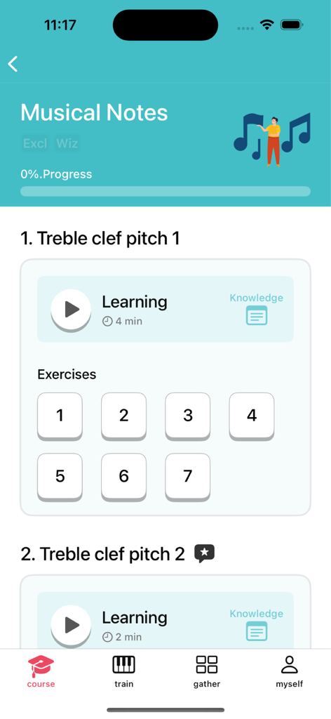Teach Note app showing music theory lessons and exercises for treble clef pitch