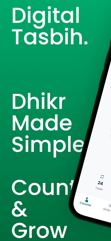Tasbih Counter – Daily Dhikr - Promotional screen for the Tasbih Counter app featuring the text Digital Tasbih and Dhikr Made Simple with a view of the counter interface.