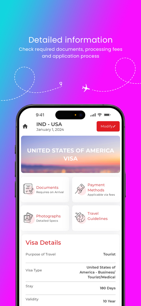 OneVasco – Online Visa Service - Interface de l'application OneVasco affichant les exigences détaillées pour une demande de visa américain et les directives pour les voyageurs.