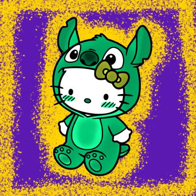 little cute hello kitty, blushing with little stitch costume