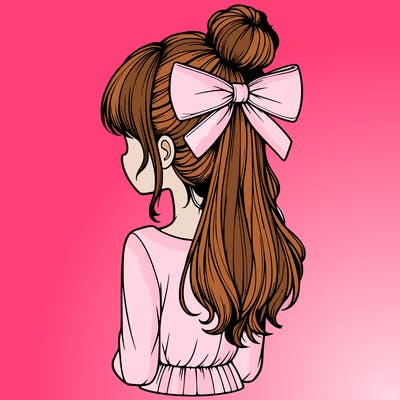 realistic girl  with hip length hair a bun and a big bow on the back of head