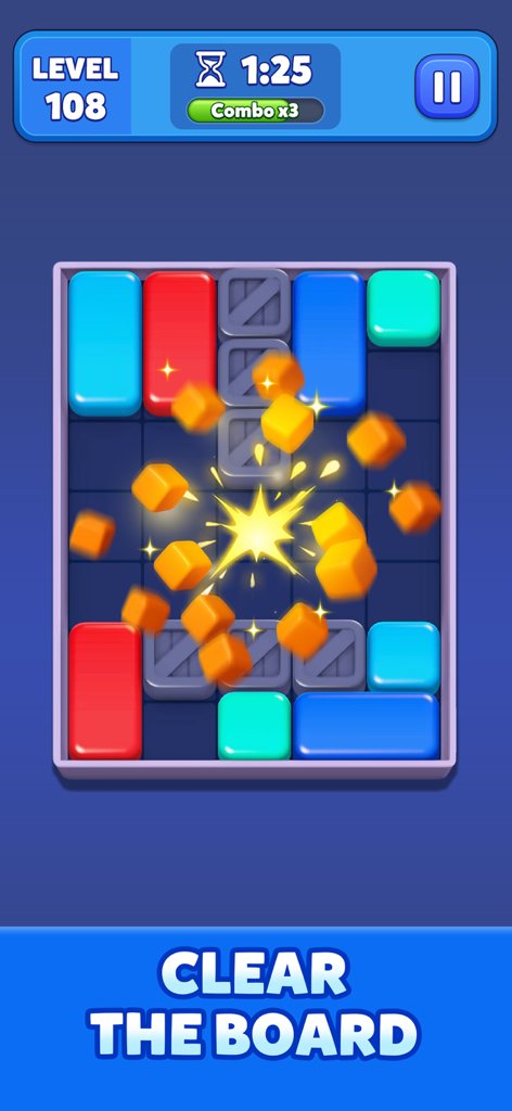 Two Blocks! - A colorful mobile puzzle game screen showing blocks matching and the text clear the board