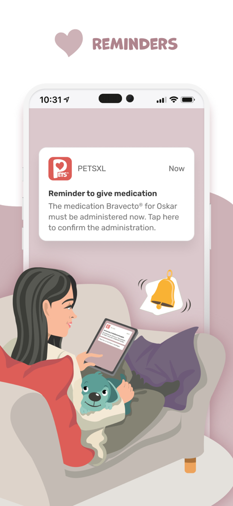 Eine Smartphone-Benachrichtigung von der petsXL-App, die einen Tierhalter daran erinnert, seinem Hund Medikamente zu verabreichen.