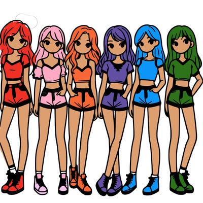 a group of girls wearing crop tops and shorts