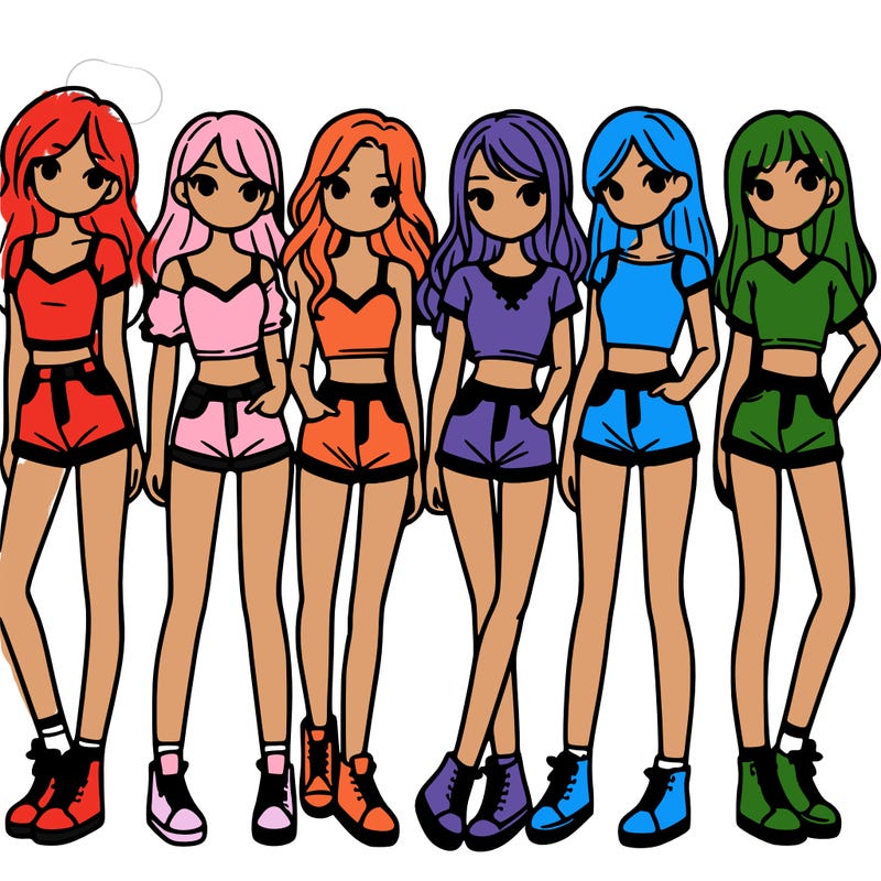 a group of girls wearing crop tops and shorts