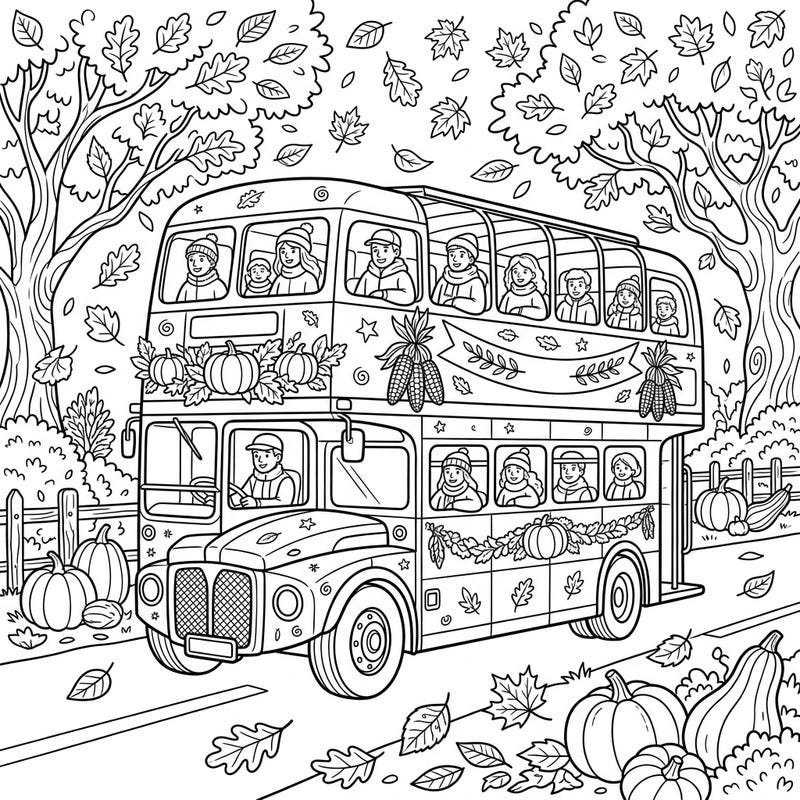 Hop aboard for a delightful autumn journey! This charming coloring page features a festive tour bus adorned with fall decorations, navigating a scenic route filled with falling leaves and pumpkins, perfect for a cozy creative session.