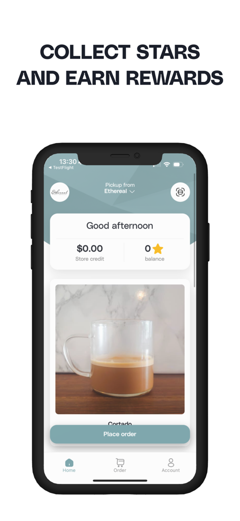 Ethereal Cafe - Ethereal Cafe app screen showing loyalty stars balance and a cortado order option