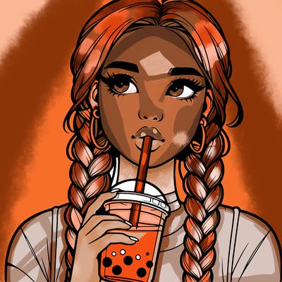 realistic girl with braided hair drinking boba