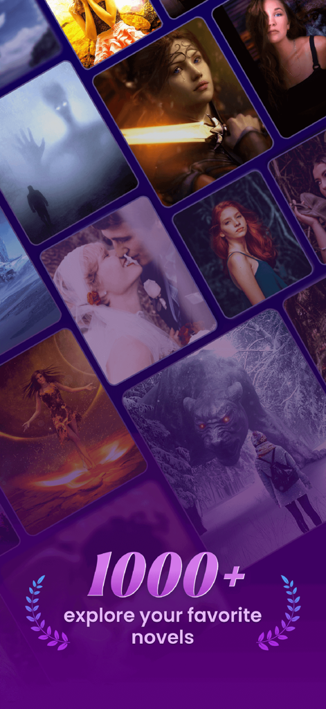 Read4Fun-Romance Stories - Un collage de diversas portadas de libros de la aplicación Read4Fun destacando más de mil novelas románticas y de fantasía disponibles