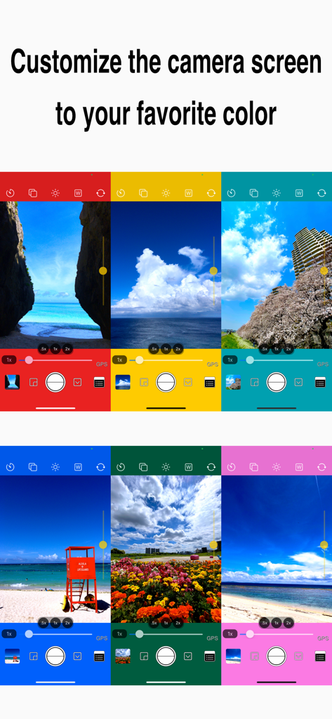Six camera interface mockups in different vibrant colors illustrating UI customization options