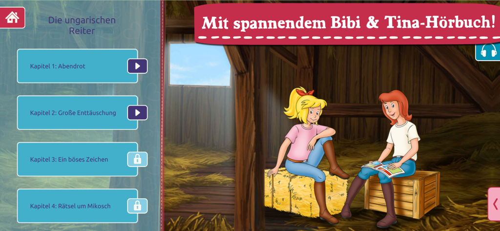 Bibi e Tina sedute in un fienile nella schermata di selezione dell'audiolibro.