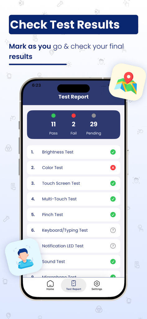 Check My Device : 40+ Tests - Smartphone screen showing a hardware diagnostic test report with results for display and touch sensors