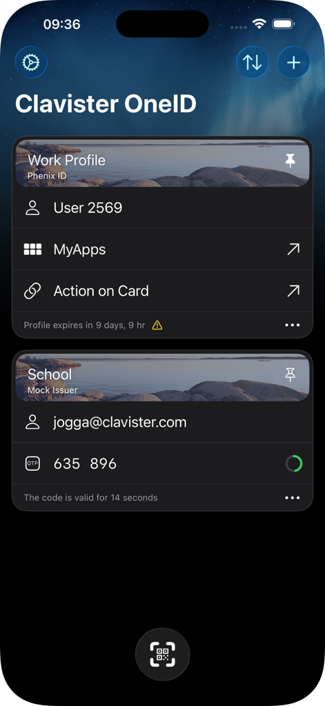 Clavister OneID - Clavister OneID app interface displaying work and school security profiles with a one time password code