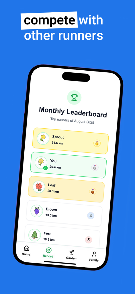 Run Tracker: Run&Grow - Monthly leaderboard screen showing runner rankings and distances in the Run and Grow app