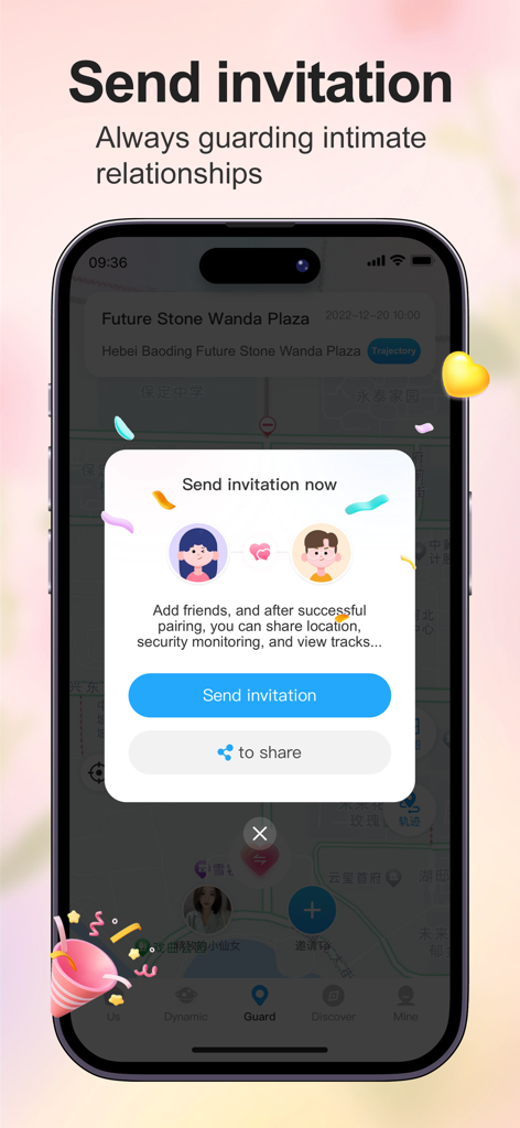 Find family- Share location - Um smartphone exibindo uma tela de convite para emparelhar com um parceiro para compartilhamento de localização e monitoramento de segurança.