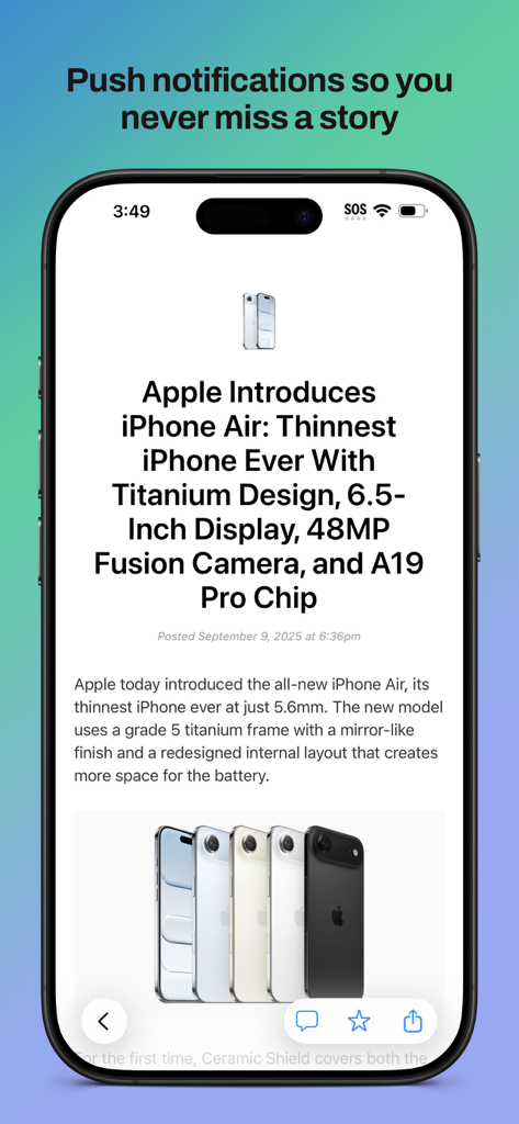 iClarified - iClarified app displaying a breaking Apple news article about the iPhone Air on a smartphone screen.