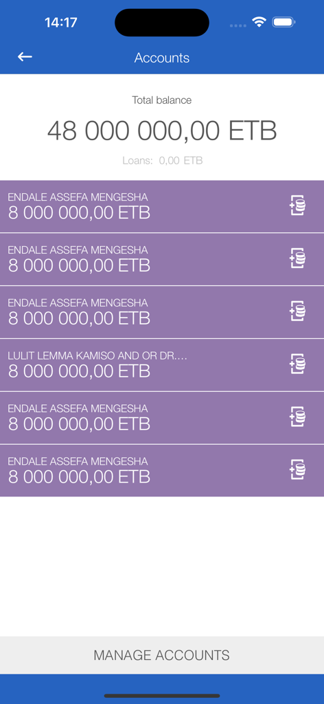 Awash-Online - Awash-Online mobile banking interface showing multiple account balances in Ethiopian Birr
