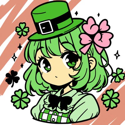 a manga-style girl with clovers around her, a little hat in her hair, like it's saint patrick's day