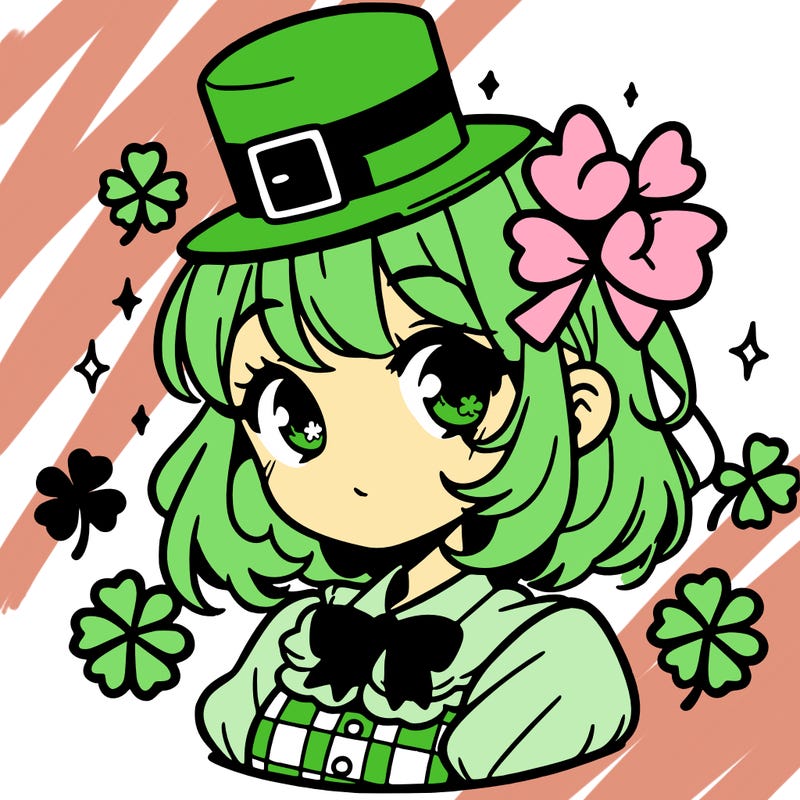 a manga-style girl with clovers around her, a little hat in her hair, like it's saint patrick's day