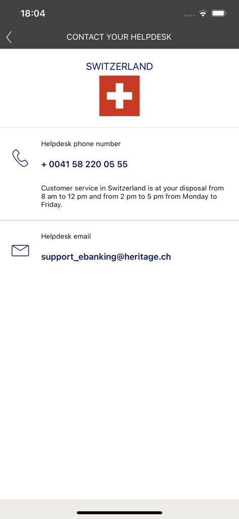 My Heritage - Contact page for the My Heritage app Swiss helpdesk with phone and email support