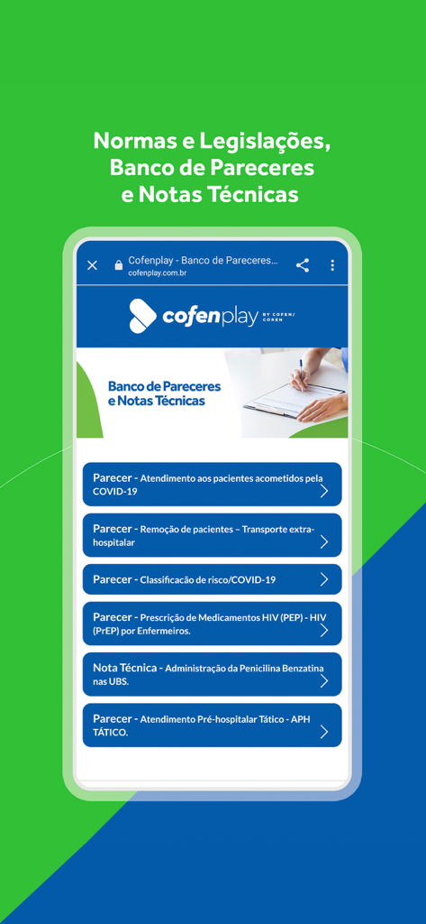 Mobile screen showing the nursing legislation and technical opinions section of the Cofenplay+ app