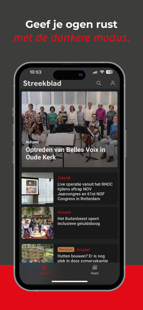 Streekblad Zoetermeer - ダークモードのStreekblad Zoetermeerローカルニュースアプリのインターフェース