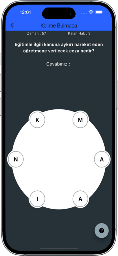 AGS Oyun Akademi Giriş Sınavı - Pantalla del rompecabezas de palabras de la aplicación AGS Akademi con una pregunta de examen y una rueda de letras interactiva.