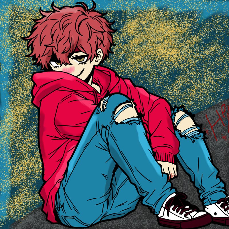 a male hoddie ripped jeans messy hair anime