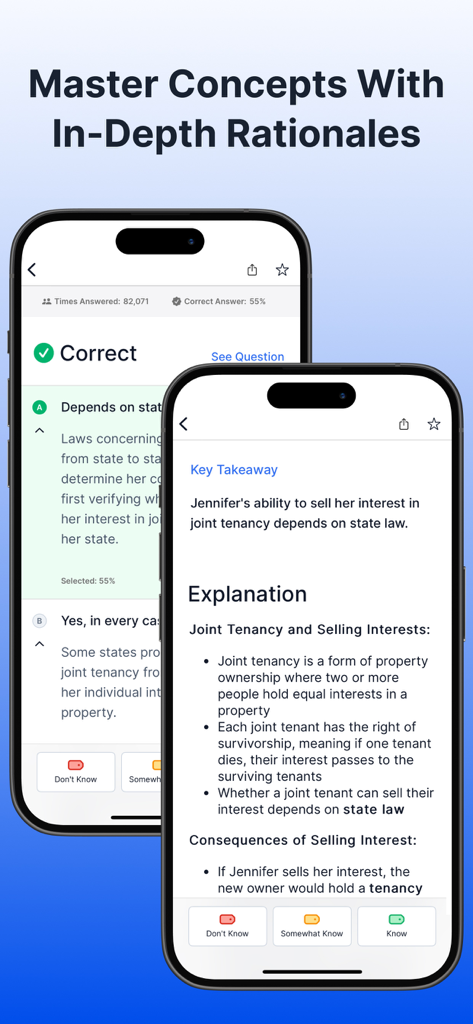 Interfaz de aplicación móvil que muestra justificaciones detalladas y conclusiones clave para las preguntas de preparación del examen inmobiliario