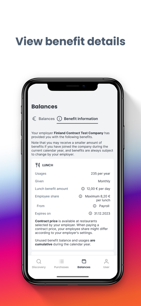 Epassi - Epassi app screen showing detailed lunch benefit information and balances