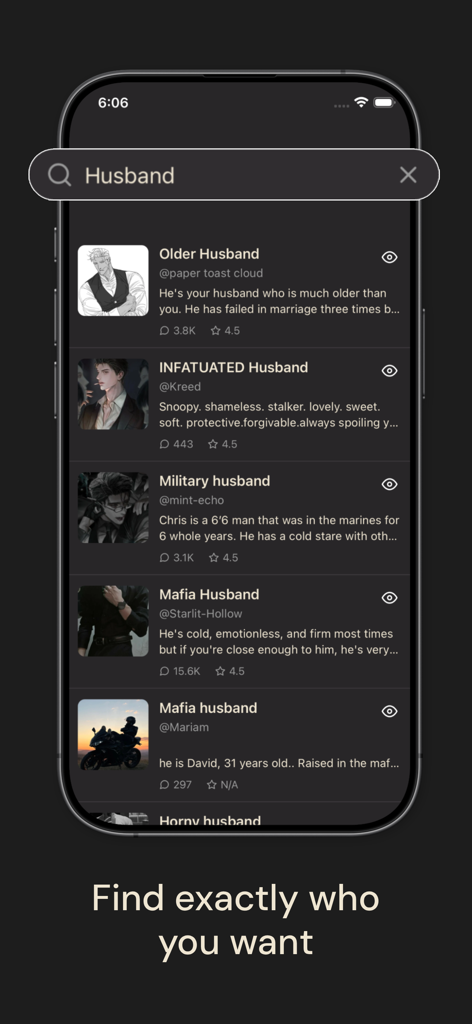 Search results for AI roleplay characters in the DigitalSoul app showing different character archetypes