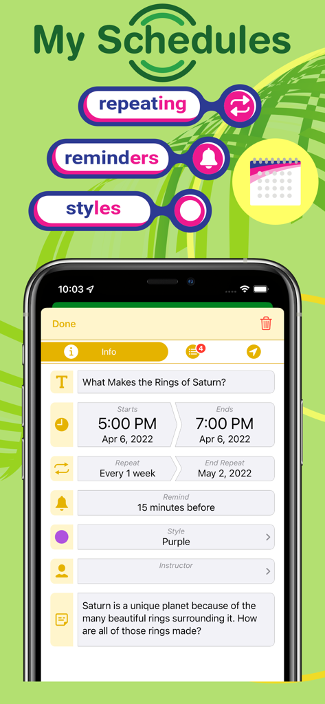 Interface of the Class and Homework Schedule app showing how to set recurring class times reminders and custom styles