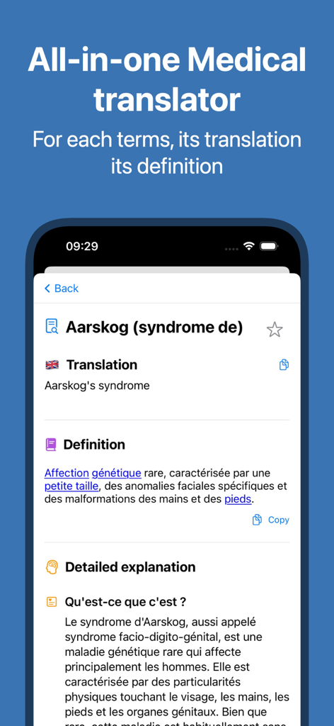Pantalla de la aplicación de diccionario médico que muestra una traducción y definición detallada del síndrome de Aarskog