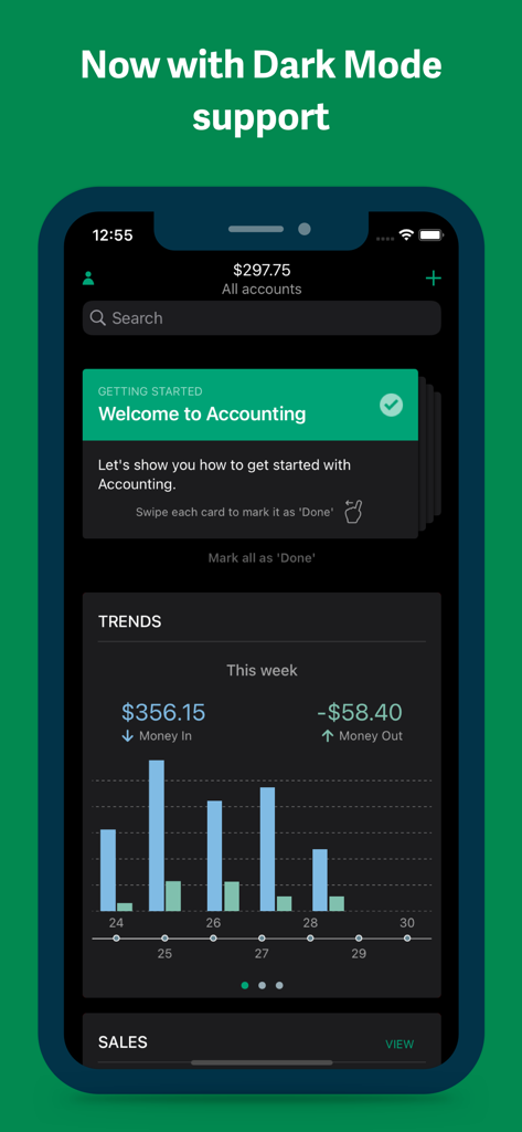 財務パフォーマンスチャートと資金の流れのトレンドを表示するダークモードのSage Accountingモバイルアプリのダッシュボード。