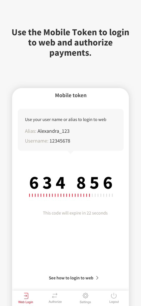 YOU BRD - YOU BRD banking app mobile token screen showing a six digit security code for secure web login and authorizing payments