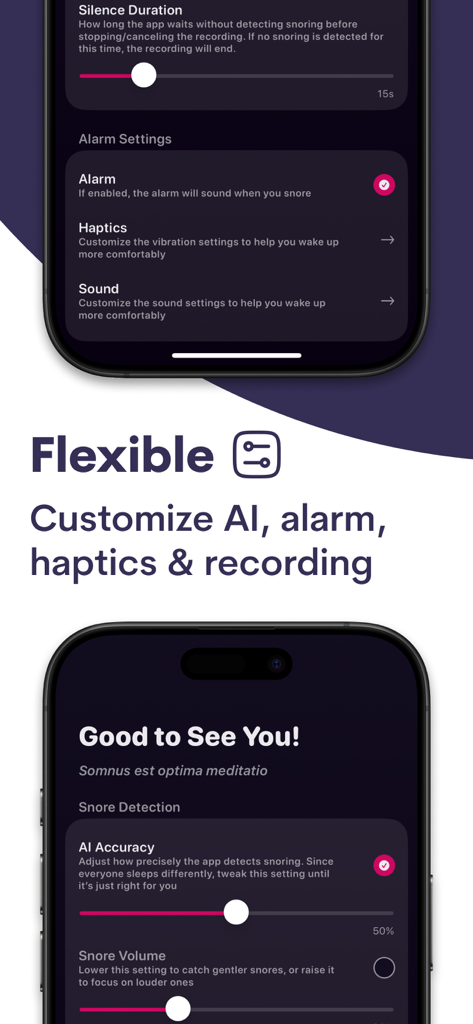 AI Snoring Alarm · Silent Owl - Two mobile phone screens showing customizable AI snore detection sensitivity and alarm haptics settings.