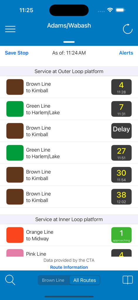 Tiempos de llegada en tiempo real de trenes CTA de Chicago para la estación Adams Wabash en la aplicación Transit Stop