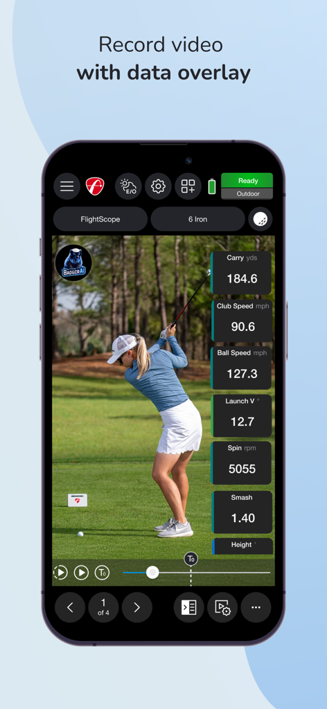 FS Golf - A smartphone screen showing a golf swing recording with real-time performance data overlays