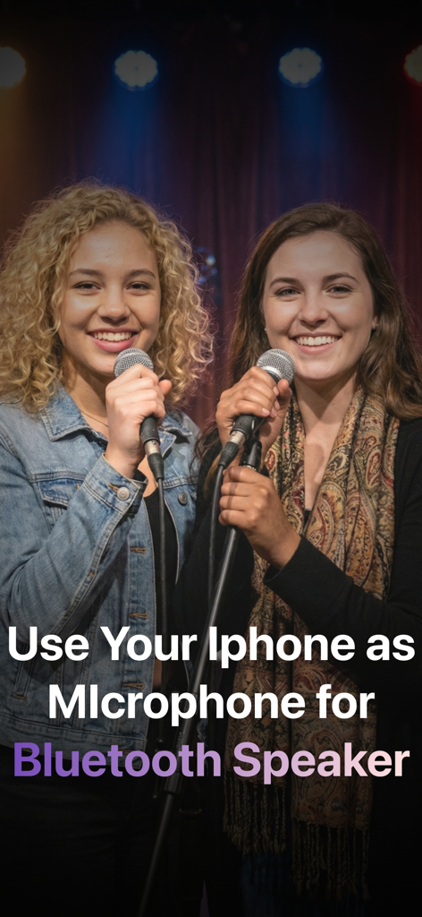 LiveMic: Bluetooth Speaker Mic - Two young women smiling and holding microphones on a stage during a karaoke session