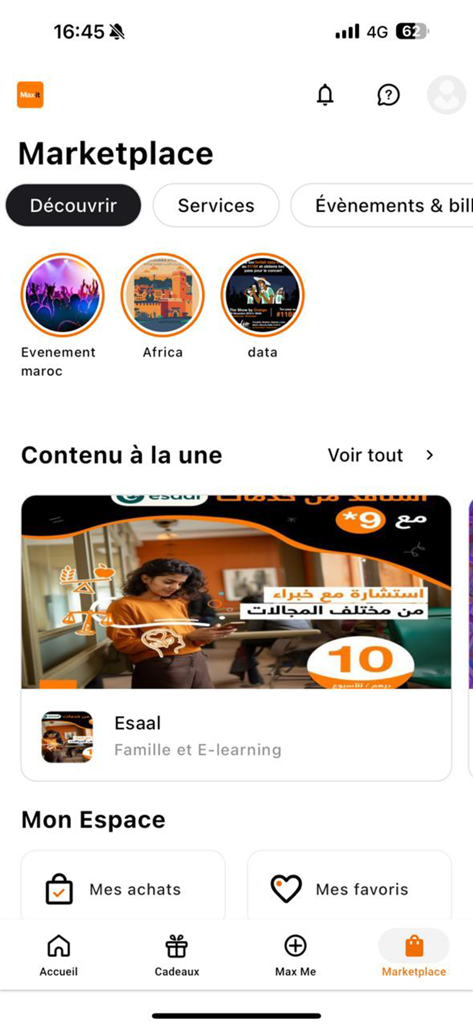 Max it Maroc 앱의 마켓플레이스 화면으로 다양한 서비스와 추천 라이프스타일 콘텐츠를 보여줍니다.