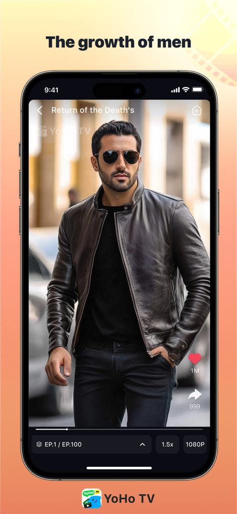YoHo TV -- Drama & Chat - Interface de l'application mobile YoHo TV montrant un épisode de drama court avec un beau personnage principal masculin.