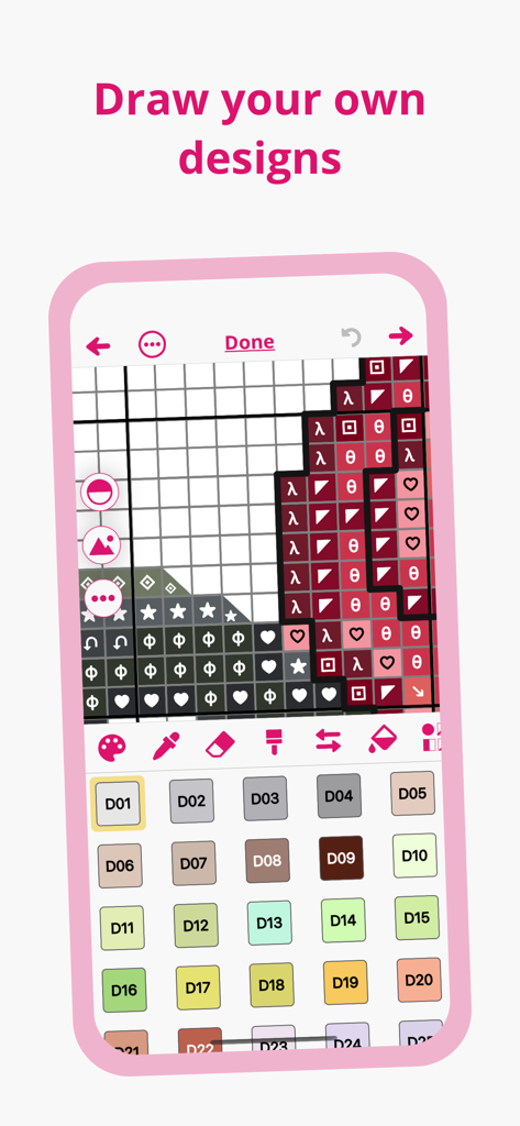 Interface of the Stitchly app showing a cross stitch pattern grid and color palette for drawing custom designs