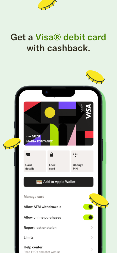 MAJORITY: Mobile banking - Interfaccia dell'app MAJORITY che mostra una carta di debito Visa con funzionalità di gestione della carta e premi cashback.
