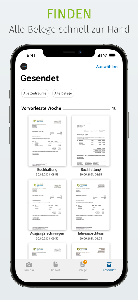ADDISON OneClick Scan - Smartphone display showing a list of sent receipts and accounting documents in the ADDISON OneClick Scan app.