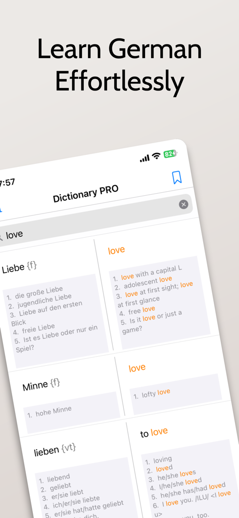 German English Dictionary app interface displaying search results and example sentences for the word love